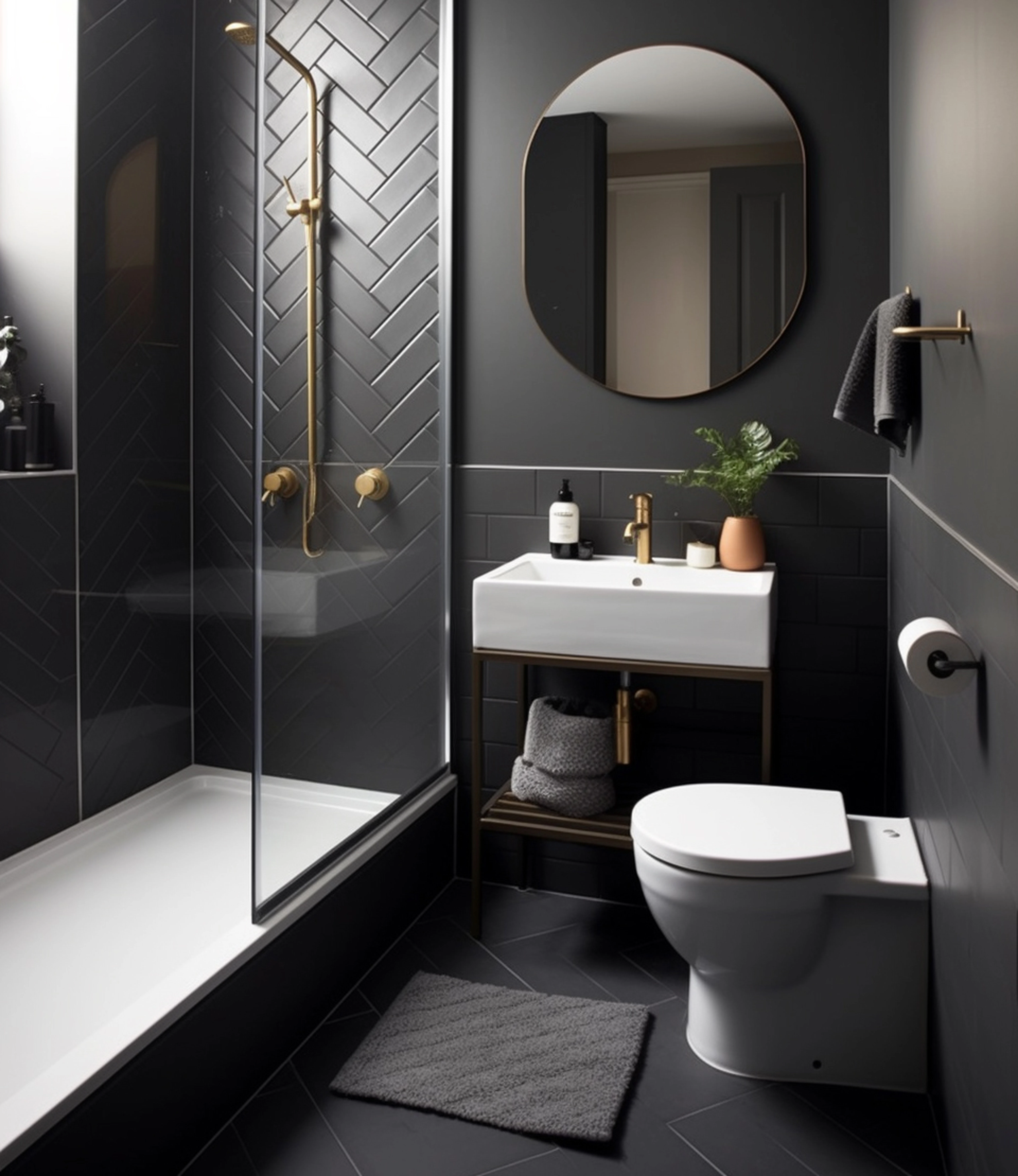 black tile washroom